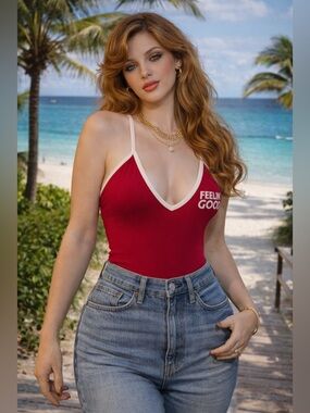 Camp Collection “Feelin’ Good” Red Bodysuit White Trim Retro Swim Style M NWOT